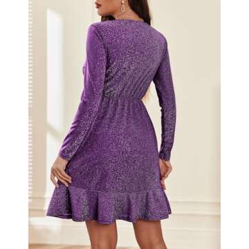 Zeagoo Womens Glitter Dress Wrap V Neck Long Sleeve Ruffle Hem Swing Club Cocktail Party Dresses Mini Sparkle New Year Eve Dress Purple