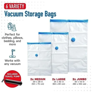Spacesaver Space Bags Vacuum Storage Bags Save 80% on Storage Space, Variety 6 Pack - Vacuum Seal Bags for Travel, Comforters, Blankets, Bedding, Clothing - Pump for Travel(2 Medium, 2 Large, 2 Jumbo)