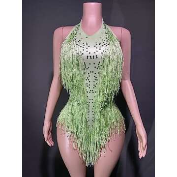 FANCISSORS Rhinestones Fringe Skirt Bodysuit Women's Birthday Party Evening Costume Nightclub Dance Wear New Colored (green)