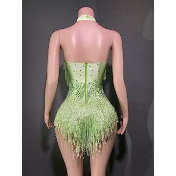 FANCISSORS Rhinestones Fringe Skirt Bodysuit Women's Birthday Party Evening Costume Nightclub Dance Wear New Colored (green)