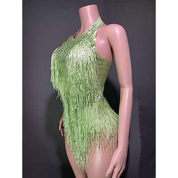 FANCISSORS Rhinestones Fringe Skirt Bodysuit Women's Birthday Party Evening Costume Nightclub Dance Wear New Colored (green)