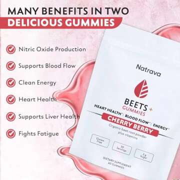 Natrava Beets+ Gummies - Organic Beet Root Powder, Grape Seed Extract and Vitamin C - Supports Healthy Blood Pressure and Heart Health - Low Sugar Nitric Oxide and Circulation Supplement - 60 Gummies