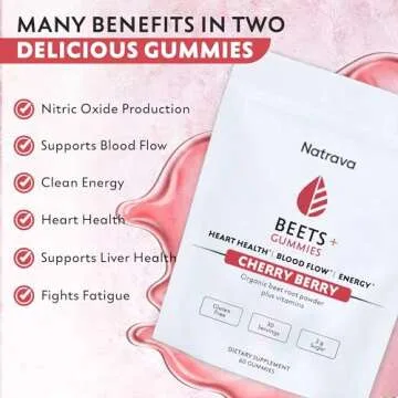 Natrava Beets+ Gummies - Organic Beet Root Powder, Grape Seed Extract and Vitamin C - Supports Healthy Blood Pressure and Heart Health - Low Sugar Nitric Oxide and Circulation Supplement - 60 Gummies