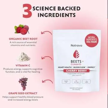 Natrava Beets+ Gummies - Organic Beet Root Powder, Grape Seed Extract and Vitamin C - Supports Healthy Blood Pressure and Heart Health - Low Sugar Nitric Oxide and Circulation Supplement - 60 Gummies