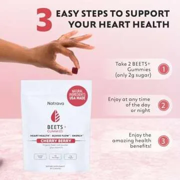 Natrava Beets+ Gummies - Organic Beet Root Powder, Grape Seed Extract and Vitamin C - Supports Healthy Blood Pressure and Heart Health - Low Sugar Nitric Oxide and Circulation Supplement - 60 Gummies