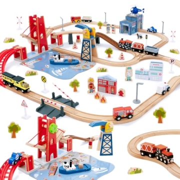 Giant bean 117 Pcs Busy Port City Train Set for Kids- Expandable & Changeable Wooden Train Track Set...
