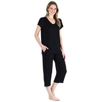 Pajama Heaven Women's Bamboo Jersey V-Neck and Capri Pant Pajama Set, Pajama Set - Black, Large