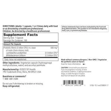 Klaire Labs Pro-Biotic Complex - Intestinal Support for Men & Women, 5 Billion CFU Lactobacillus acidophilus & Bifidobacterium bifidum Probiotic, Hypoallergenic & Dairy-Free (100 Capsules)