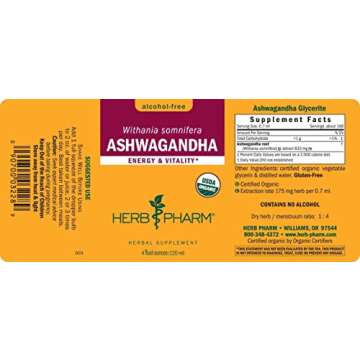 Herb Pharm Certified Organic Ashwagandha Extract Drops for Traditional Support for Energy and Vitali...