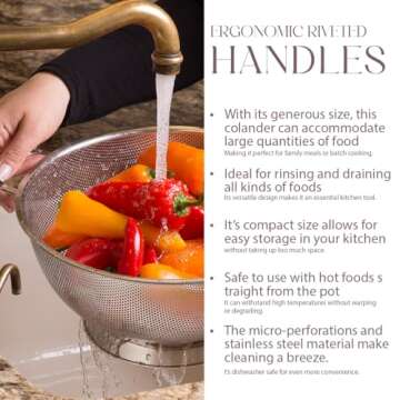 Bellemain 5 Qt Metal Colander with Handle | Pasta, Spaghetti, Berry, Fruit, Vegetable, Kitchen Food Strainer Basket | 18/8 Stainless Steel Colander Bowl | Pot Drainer for Cooking, Sifter Strainer