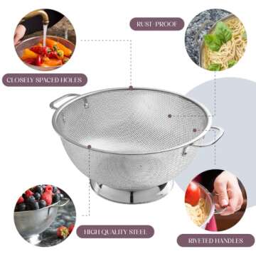 Bellemain 5 Qt Metal Colander with Handle | Pasta, Spaghetti, Berry, Fruit, Vegetable, Kitchen Food Strainer Basket | 18/8 Stainless Steel Colander Bowl | Pot Drainer for Cooking, Sifter Strainer