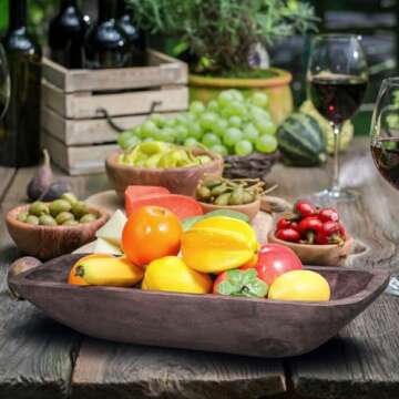 QIELSER Wooden Dough Bowl Vintage Oblong Natural Root Hand Carved Bowl For Home Decor, Rustic Farmhouse Dough Bowl, Dining Room Table Centerpiece Potpourri Decor Display Bowl 18.5x7.1x3.15 Inches