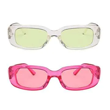 ENTHYI 2 Pieces Rectangle Sunglasses for Women Men Retro 90s Sun glasses Driving Glasses Square Fram...