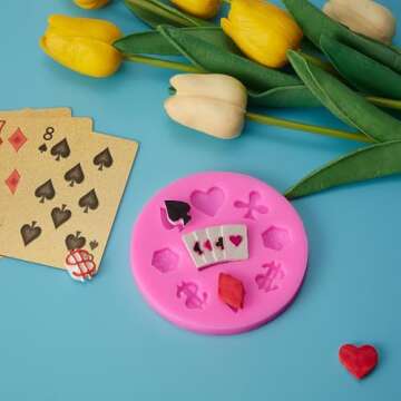 WILLBOND 2 Pieces Poker Silicone Molds 3D Casino Themed Chocolate Molds Mini Heart Cards for Candy Fondant Pink Non Stick Cupcake Cake Baking Mold