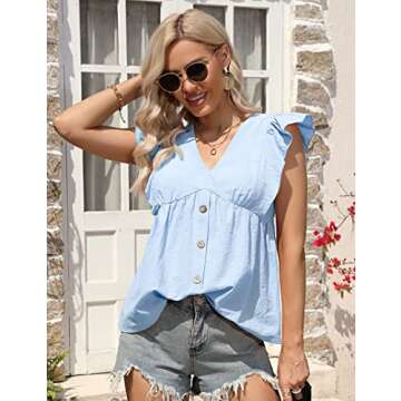 Clearlove Women's Ruffle Short Sleeve V Neck Button Down Shirts Summer Plain Peplum Tops Casual Babydoll Tunics Blouse(Blue,S)