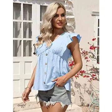 Clearlove Women's Ruffle Short Sleeve V Neck Button Down Shirts Summer Plain Peplum Tops Casual Babydoll Tunics Blouse(Blue,S)