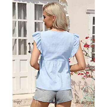 Clearlove Women's Ruffle Short Sleeve V Neck Button Down Shirts Summer Plain Peplum Tops Casual Babydoll Tunics Blouse(Blue,S)