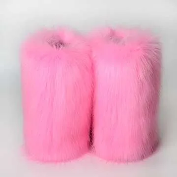 BININBOX Faux Fur Boots for Women Fuzzy Fluffy Furry Round Toe Suede Winter Comfy Plush Warm Short Snow Bootie Flat Shoes Mid-Calf Boots Outdoor Indoor(7 B(M) US,Pink)