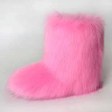 BININBOX Faux Fur Boots for Women Fuzzy Fluffy Furry Round Toe Suede Winter Comfy Plush Warm Short Snow Bootie Flat Shoes Mid-Calf Boots Outdoor Indoor(7 B(M) US,Pink)