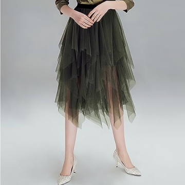 Reaowazo Army Green Tulle Midi Skirt for Women