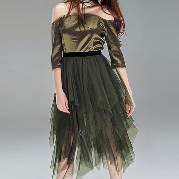 Reaowazo Army Green Tulle Midi Skirt for Women