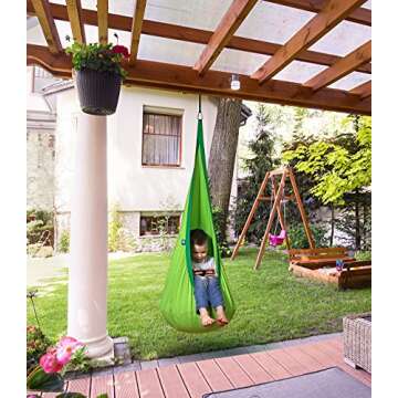 AMAZEYOU Kids Swing Hammock Pod Chair - Child's Rope Hanging Sensory Seat Nest Indoor Outdoor Use Inflatable Pillow - Great Children, All Accessories Included (Green)