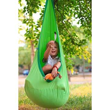 AMAZEYOU Kids Swing Hammock Pod Chair - Child's Rope Hanging Sensory Seat Nest Indoor Outdoor Use Inflatable Pillow - Great Children, All Accessories Included (Green)