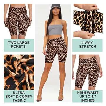 HIGHDAYS Biker Shorts for Women - High Waisted Workout Shorts with Pockets, Yoga Shorts for Athletic Running Cycling （Leopard，M ）