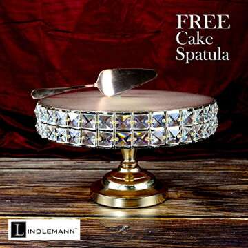 LINDLEMANN Decorative Cake Stand With Mineral Crystals & Spatula Round Metal Pedestal Cupcake Stands For Donuts Desserts Birthday Wedding Baby Shower Anniversary Holiday Dinner Party (Rose Gold, 12")