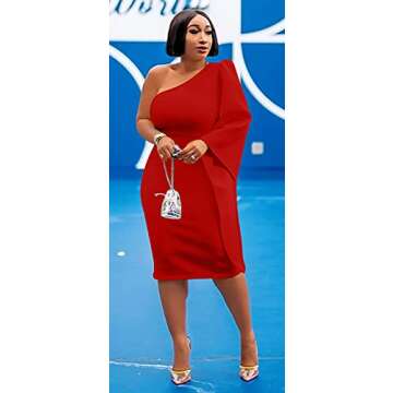 GOBLES Women's Elegant One Shoulder Bell Sleeve Bodycon Back Split Midi Party Dress Red