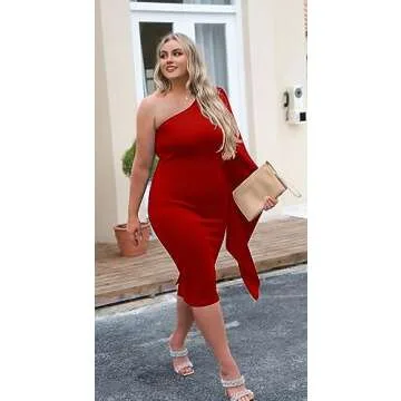 GOBLES Elegant One Shoulder Bell Sleeve Midi Dress Red