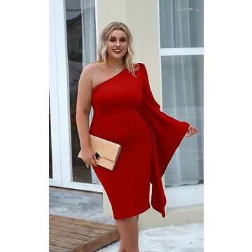 GOBLES Women's Elegant One Shoulder Bell Sleeve Bodycon Back Split Midi Party Dress Red