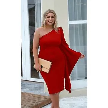 GOBLES Elegant One Shoulder Bell Sleeve Midi Dress Red