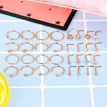 Longbeauty 32Pcs Versatile Nose Ring Stud Set for All