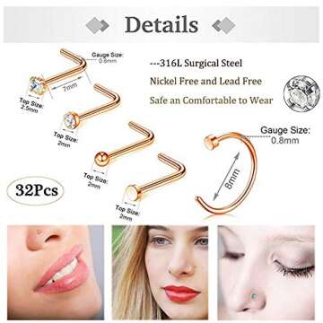 Longbeauty 32Pcs Versatile Nose Ring Stud Set for All