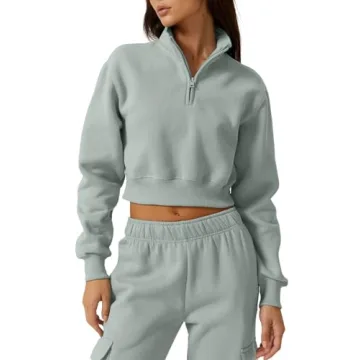 QINSEN Women's Mock Neck Classic Zip-Up Cropped Sweatshirt in Green