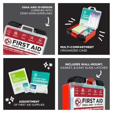 Be Smart Get Prepared OSHA/ANSI First Aid Kit - 10 Person, 100 Pieces - Designed for Home, Business, School, Industrial, and Restaurants - Compact & Portable