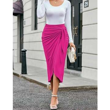 UEOIOW Women's Elegant High Waist Ruched Split Front Bodycon Pencil Long Skirt Large Rose Red