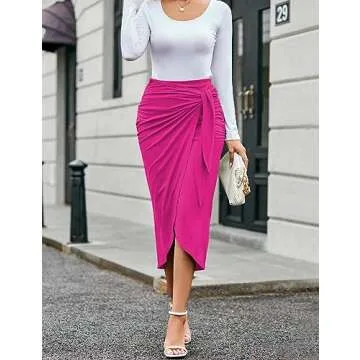 UEOIOW Women's Elegant High Waist Ruched Split Front Bodycon Pencil Long Skirt Large Rose Red