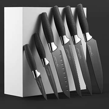 Carbon Knife Set with Block – 6-Piece Never-Dull Kitchen Knife Set – Meat, Veggie, Bread Knife S...