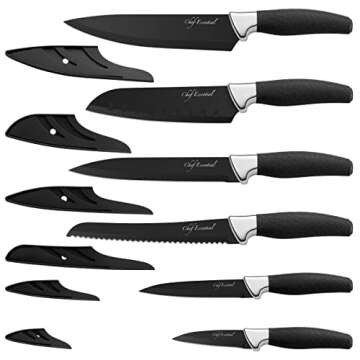 Carbon Knife Set with Block – 6-Piece Never-Dull Kitchen Knife Set – Meat, Veggie, Bread Knife Set – Nonstick Chef Knife Cooking Knives for Kitchen – Precise-Slice Carbon Steel by Chef Essential