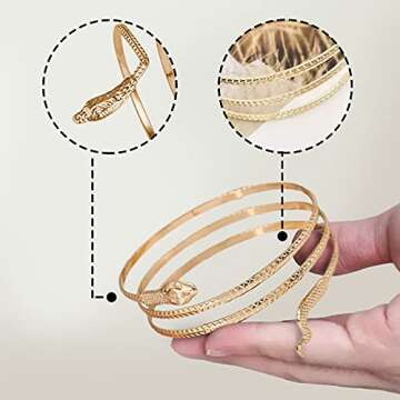 Hithop Gold Snake Bracelet Arm Cuff Jewelry Gold Arm Band Upper Arm Cuff Gold Arm Bands for women Arm Cuff Bangle for Women Gold Wrist Cuff Gold Evening Bracelet, One Size