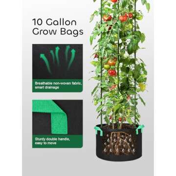 GROWNEER 3 Packs Tomato Cages with 10 Gallon Grow Bags, 51 Inches Tomato Trellis with 164Ft Twist Tie, Tomatoes Plant Cage for Vegetable Flowers Fruits Vertical Climbing Plants