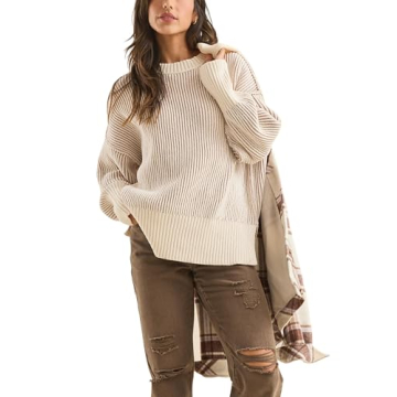 Faleave Women's Fashion Sweater Fall Casual Long Sleeve Ribbed Knit Crew Neck Pullover Sweaters Blou...