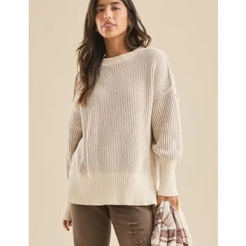 Faleave Women's Fashion Sweater Fall Casual Long Sleeve Ribbed Knit Crew Neck Pullover Sweaters Blouse Tops(Brown-XS)