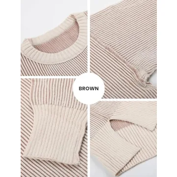 Faleave Women's Fashion Sweater Fall Casual Long Sleeve Ribbed Knit Crew Neck Pullover Sweaters Blouse Tops(Brown-XS)