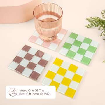 Generic Checkered Drink Coaster Set of 2 | 4"" Square, Glass Tiled Coasters for Home Decor, Kitchen Decor Or Table Decor. Jewelry Dish Tray, Decorative Plate, Best Gift Idea for Her by IOBBO (Yellow)