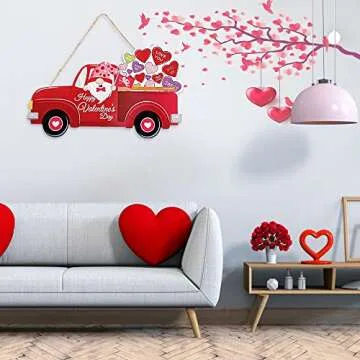 Sggvecsy Valentines Day Door Sign Front Door Hanging Sign Red Truck Gnome Heart Wooden Door Hanger W...