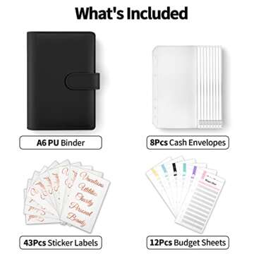 Sooez Money Bill Organizer for Cash, A6 Money Saving Budget Binder with Cash Envelopes, Rose Gold Sticky Labels &Extra Thick Expense Sheets, Budget Book Cash Envelopes for Budgeting, Black