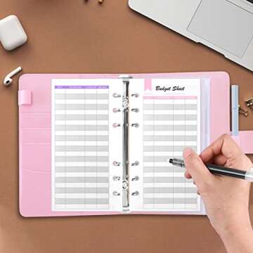 Sooez Money Bill Organizer for Cash, A6 Money Saving Budget Binder with Cash Envelopes, Rose Gold Sticky Labels &Extra Thick Expense Sheets, Budget Book Cash Envelopes for Budgeting, Black